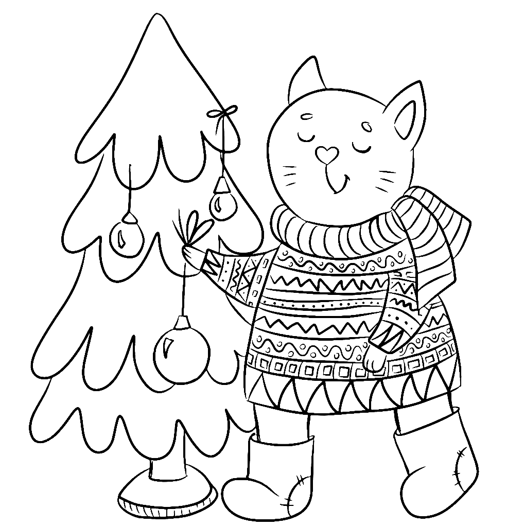 Cat with Christmas Tree Coloring Page