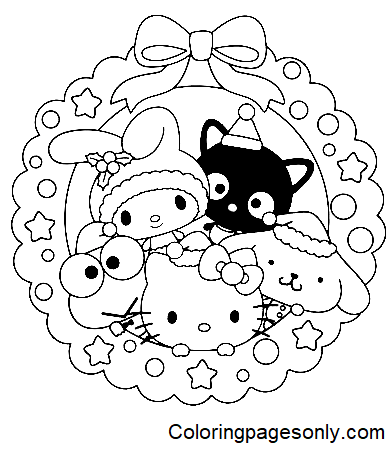 Christmas Wreath with Sanrio Coloring Pages