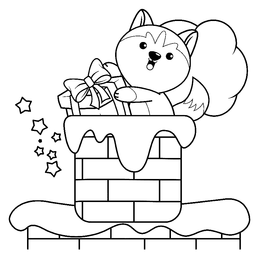 Christmas with Cute Husky Coloring Page