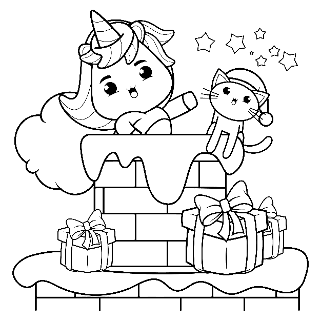 Милый Рождественский Единорог с Кошкой Раскраски