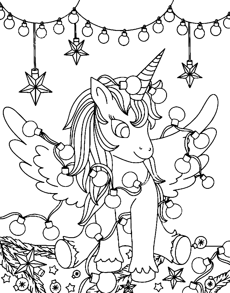 Cute Christmas Unicorn with Garland Coloring Page