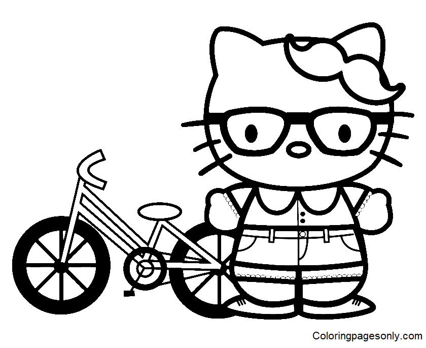 Cute Hello Kitty with Bike Coloring Page