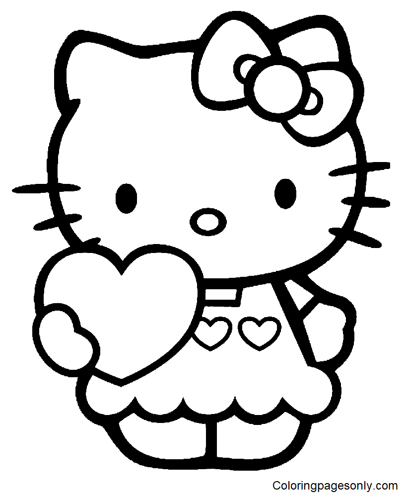 Cute Hello Kitty with Heart Coloring Pages