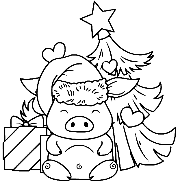 Cute Pig and Christmas Tree Coloring Page