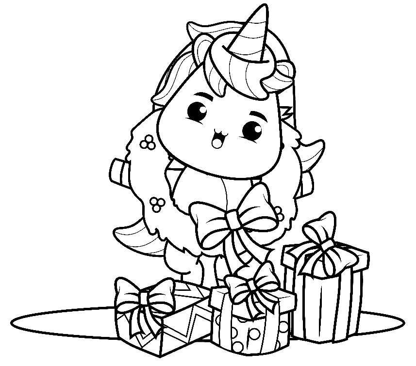 Cute Unicorn with Christmas Gifts Coloring Page