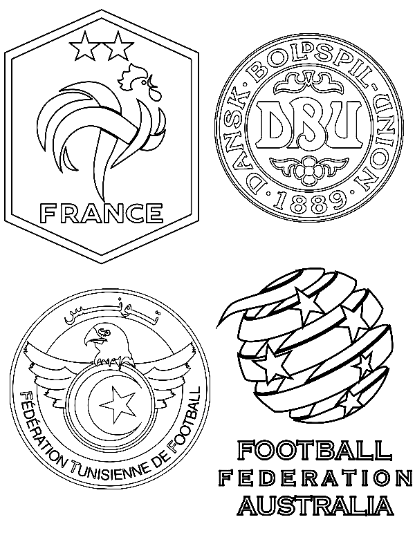 Página para colorir FIFA 2022 Grupo D: França, Dinamarca, Tunísia, Austrália