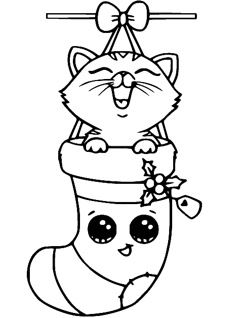 Happy Cat in the Stocking Coloring Page