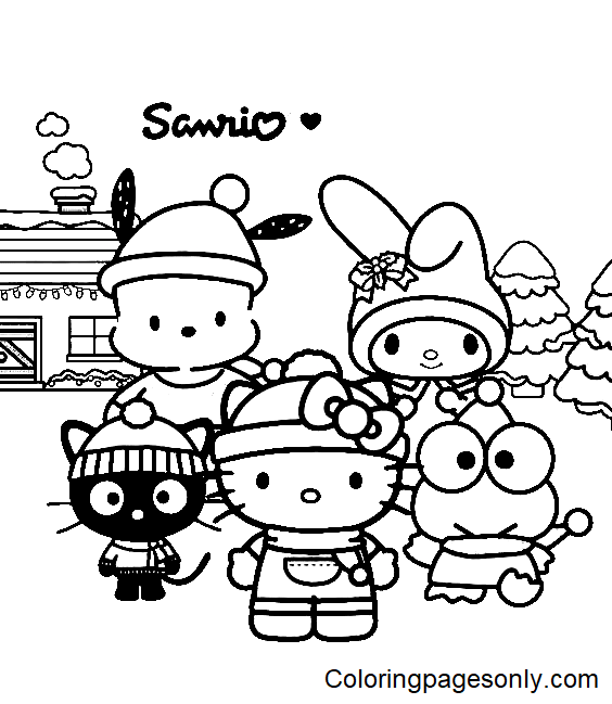 Uma página para colorir com um hello kitty e outros personagens