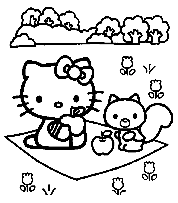 hello kitty en un picnic página para colorear