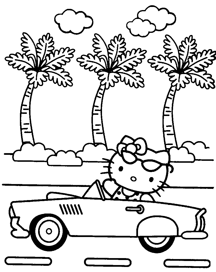 hello kitty montando un coche para colorear página