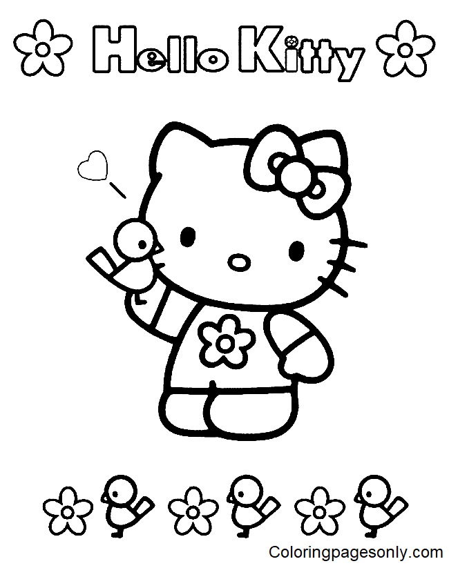 Hello Kitty With A Bird Coloring Pages