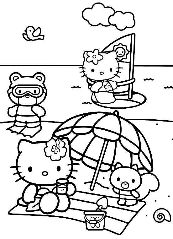 Hello Kitty and her friends at the beach Coloring Page