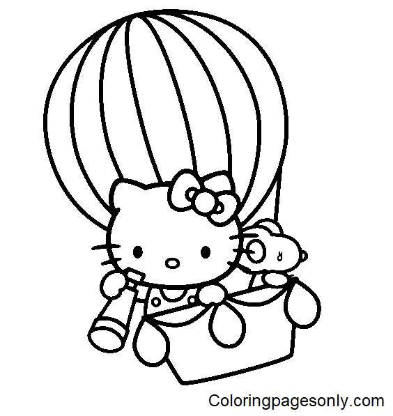 Hello Kitty on Hot Air Balloon Coloring Page