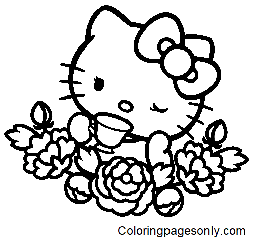 Hello Kitty 与鲜花 Coloring Page