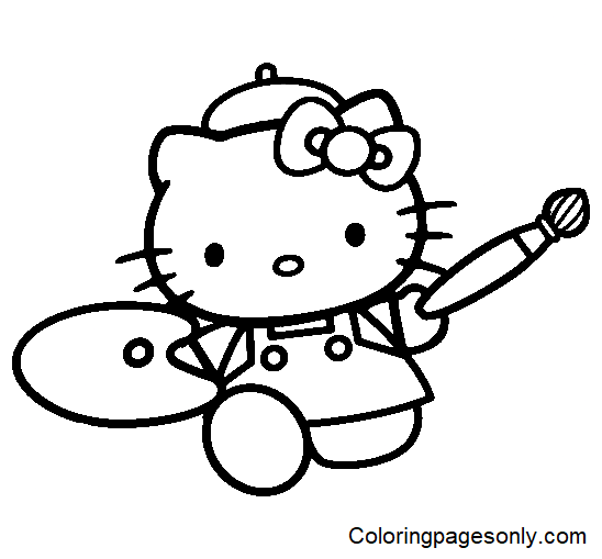 Hello Kitty with Paintbrush Coloring Page