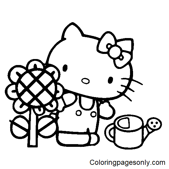 hello kitty con girasol página para colorear