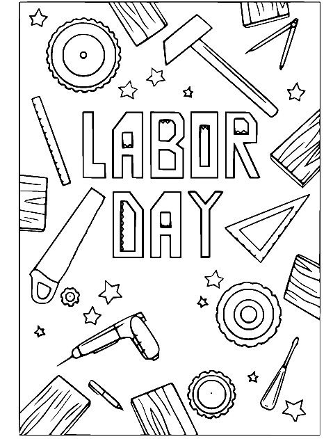 Labor Day with Tools Card Coloring Page