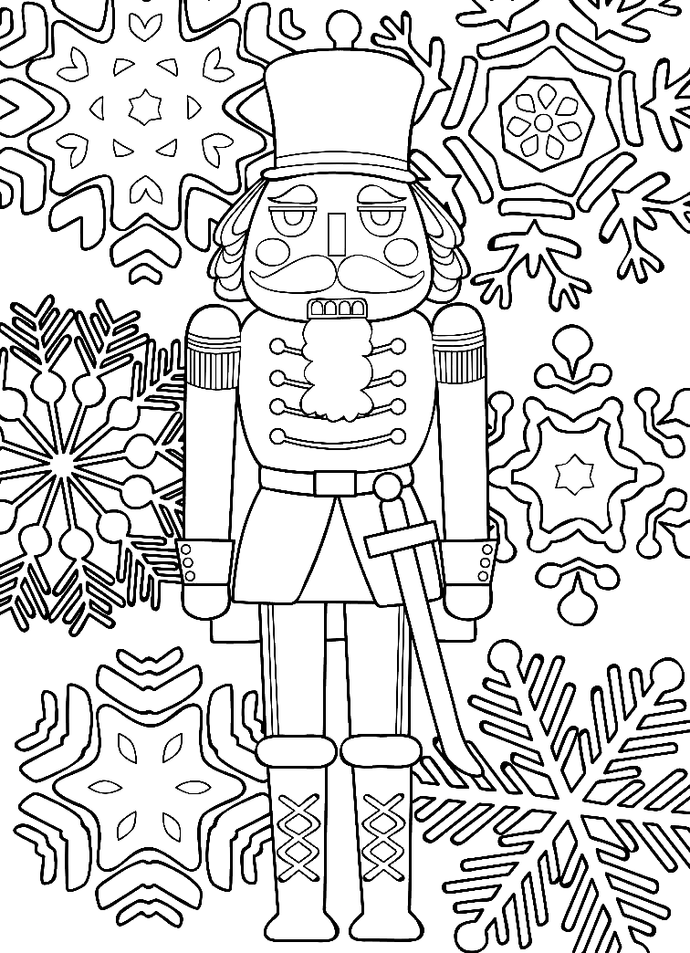 Nutcracker with Snowflakes Coloring Page