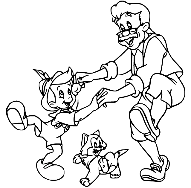 Pinocchio Dancing with Geppetto and Figaro Coloring Pages