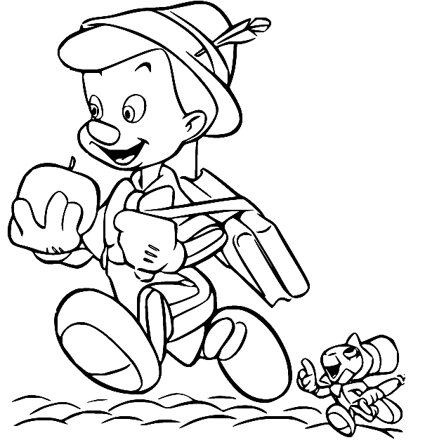 Pinocchio hält einen Apfel, der von Pinocchio geht