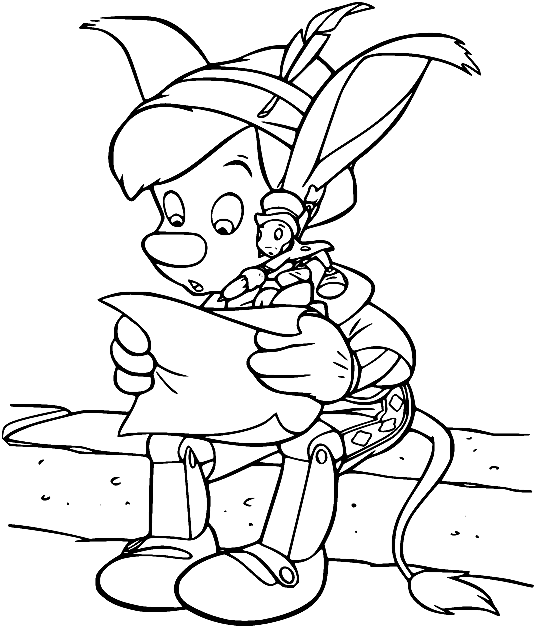 Pinokkio leest een brief kleurplaat