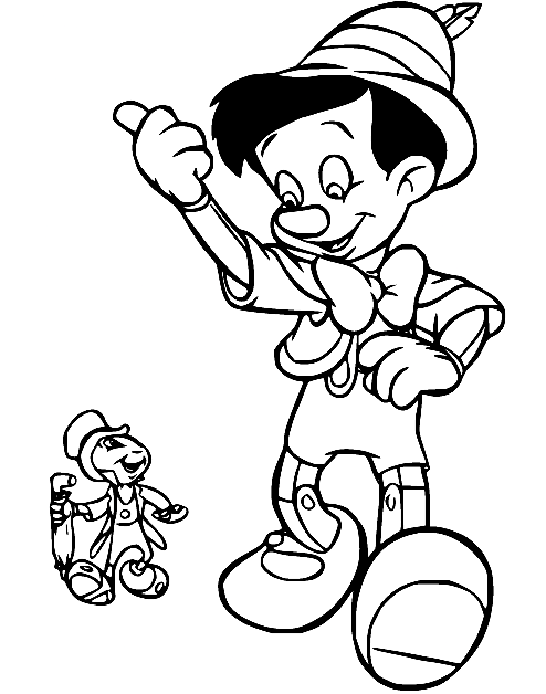 Pinocchio che cammina con Jiminy da colorare