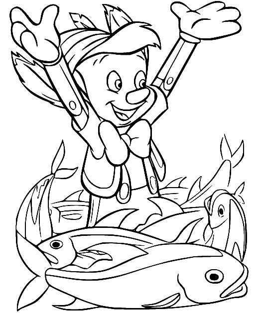 Pinocchio e pesce da colorare