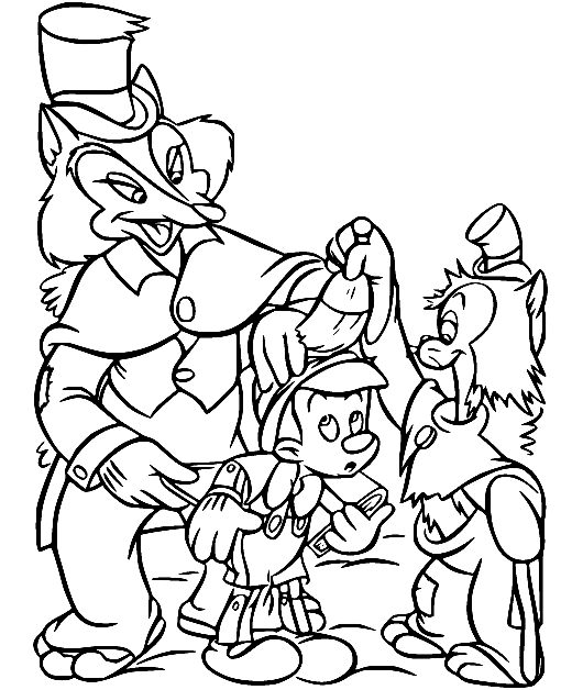 Pinocchio with John and Gideon Coloring Page