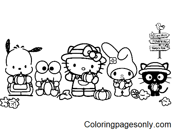 Pochacco, Keroppi, Hello Kitty, My Melody, Chococat Coloring Page