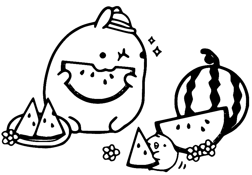 Pusheen Eating Watermelon Coloring Pages