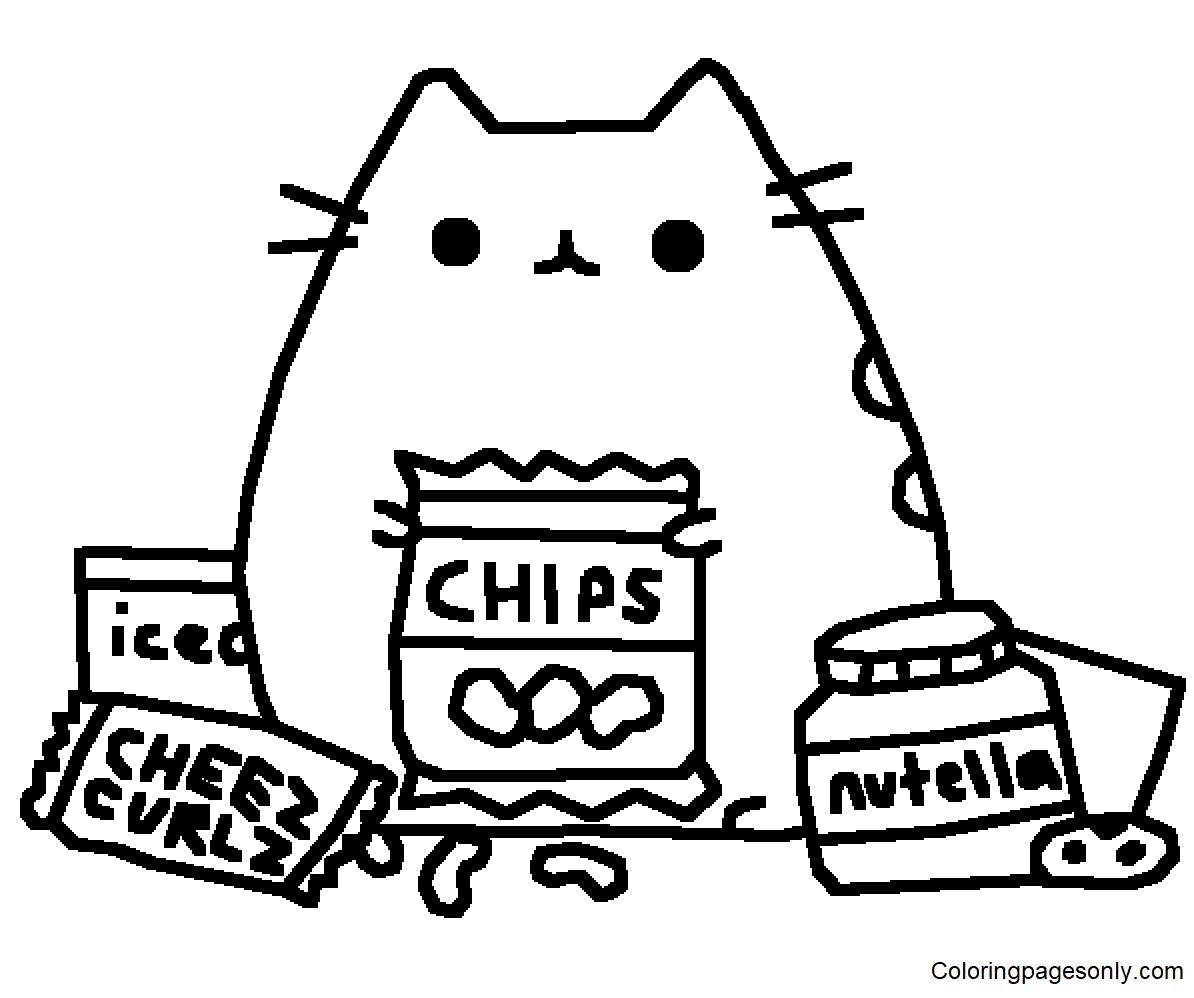 Pusheen eating Junk Food Coloring Page - Free Printable Coloring Pages