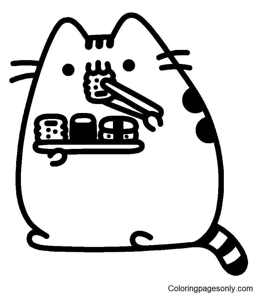 Pusheen eating Sushi Coloring Pages
