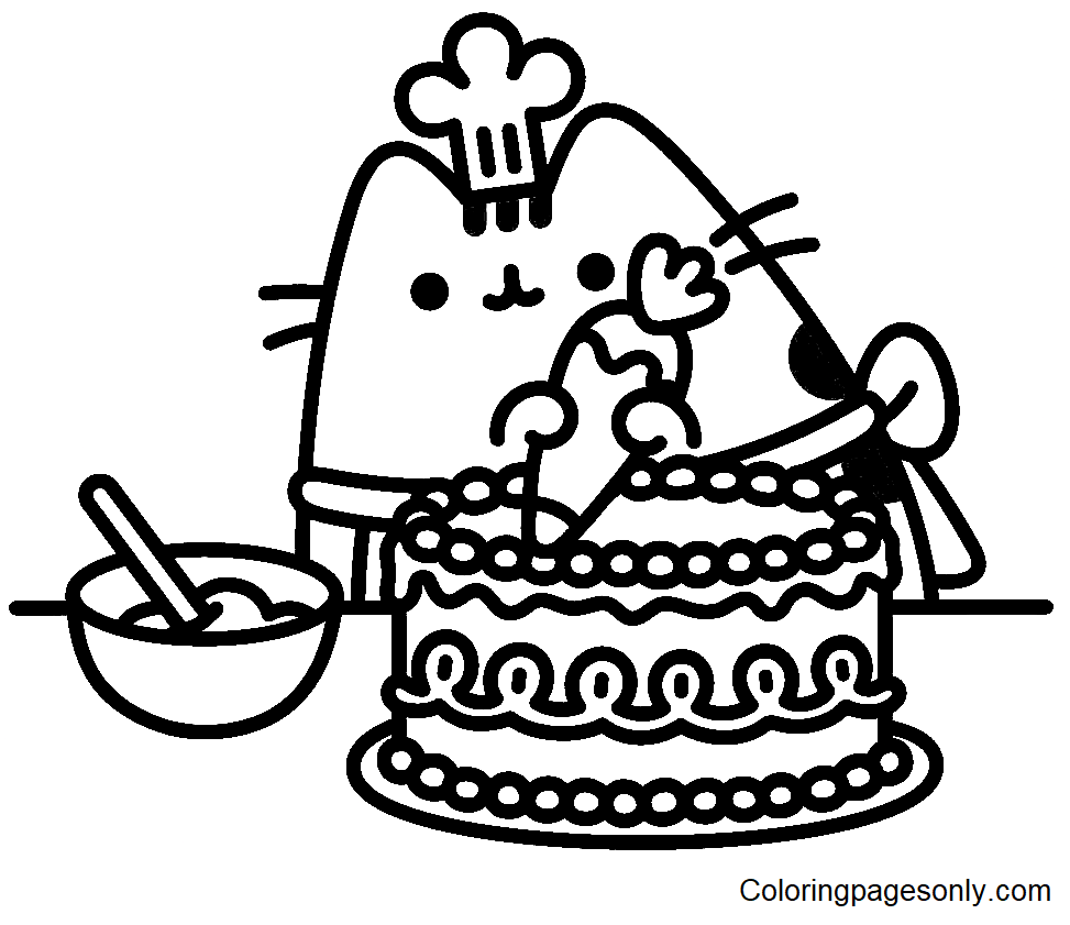 Pusheen made Birthday Cake Coloring Page