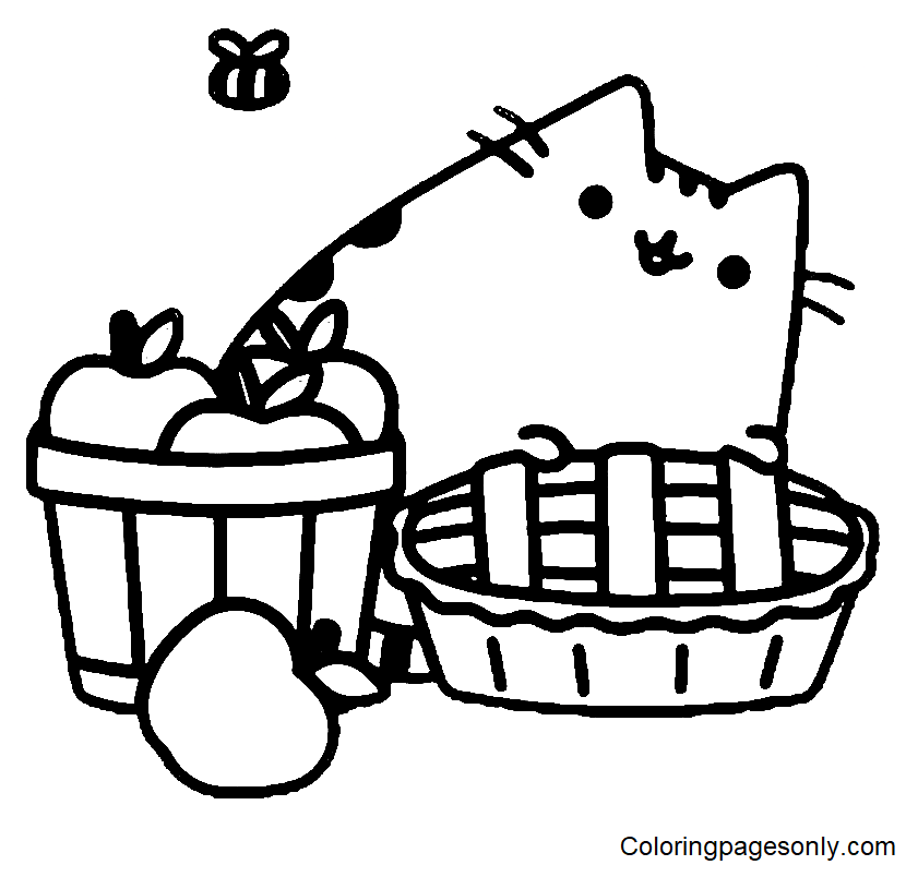 Pusheen with Basket Apples Coloring Page