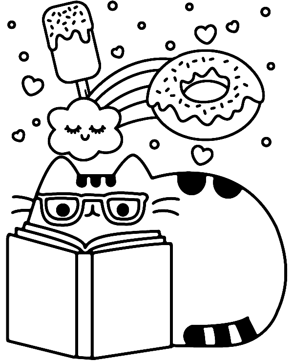 Pusheen with Book Coloring Page