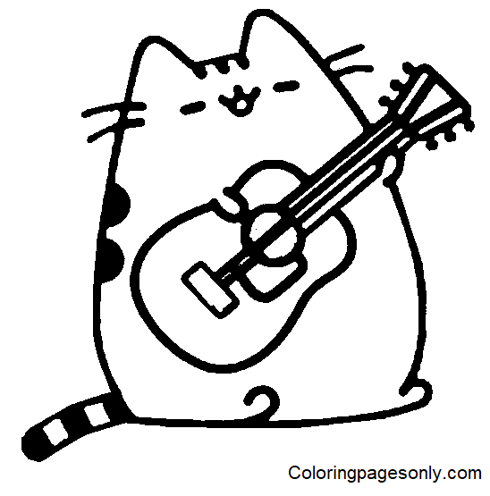 Pusheen with Guitar Coloring Page