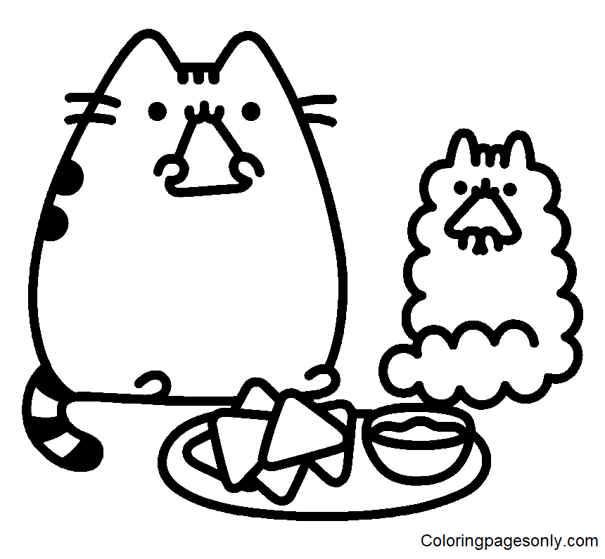 Pusheen with Stormy Eat Fast Food Coloring Page