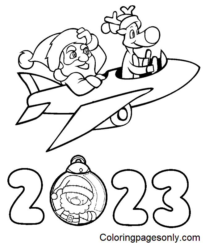 Santa with Reindeer Christmas 2023 Coloring Pages