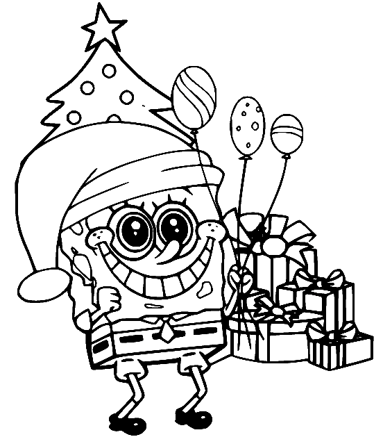 Spongebob with Christmas Tree and Gifts Coloring Page - Free Printable ...