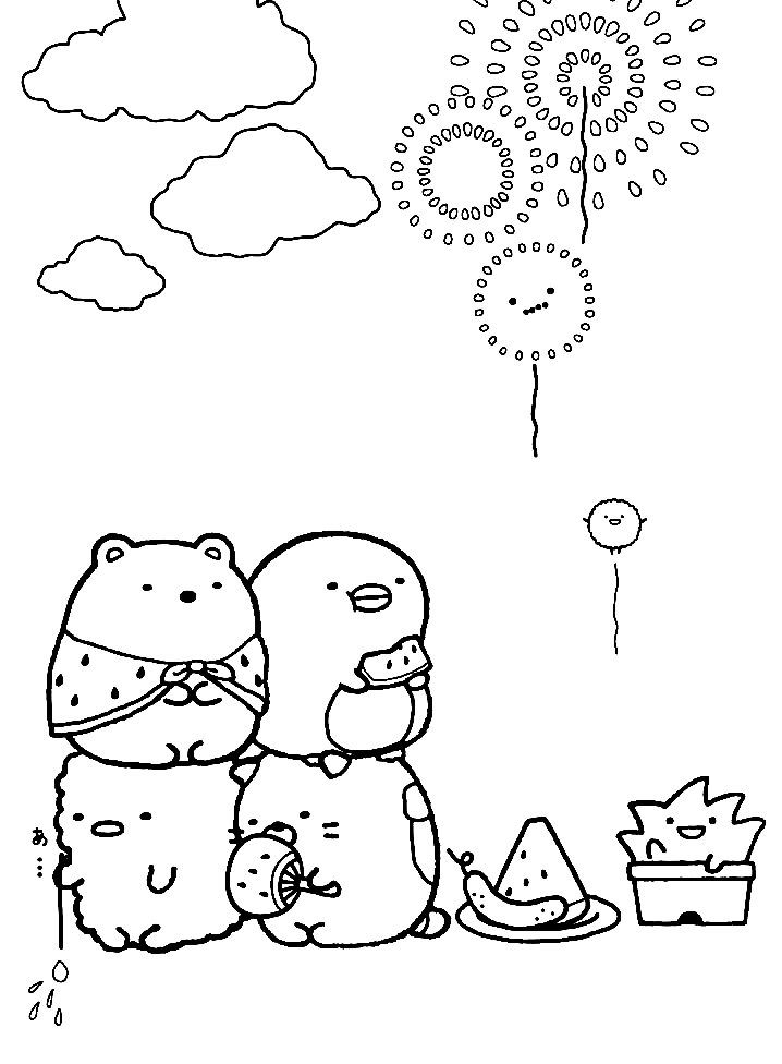Sumikko Gurashi and Fireworks Coloring Pages