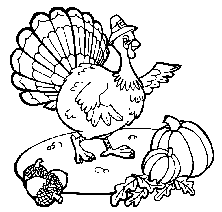Turkey with Pumpkins and Acorns Coloring Page