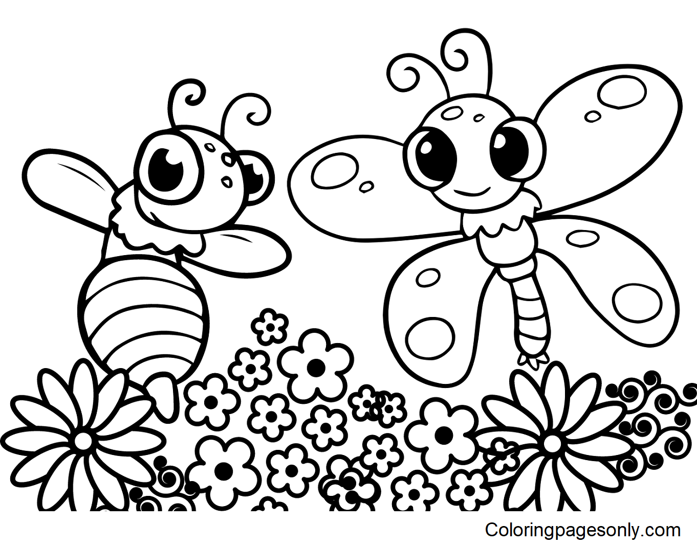 Bee with Butterfly Coloring Pages