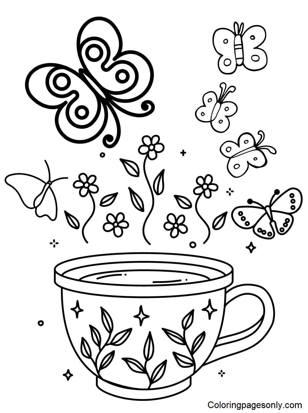 Butterflies with Cup of Tea Coloring Pages