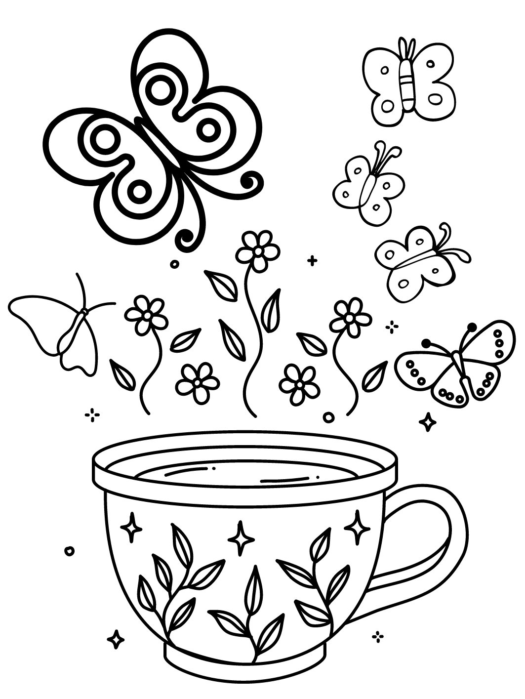 Butterflies with Cup of Tea Coloring Page