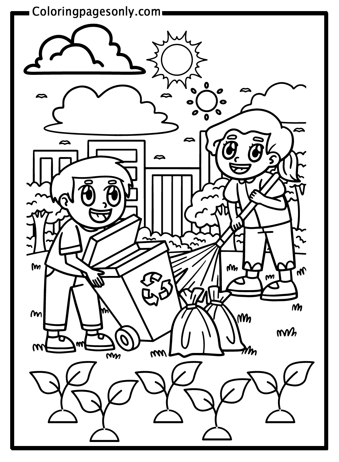 Children Cleaning the Trash Coloring Page