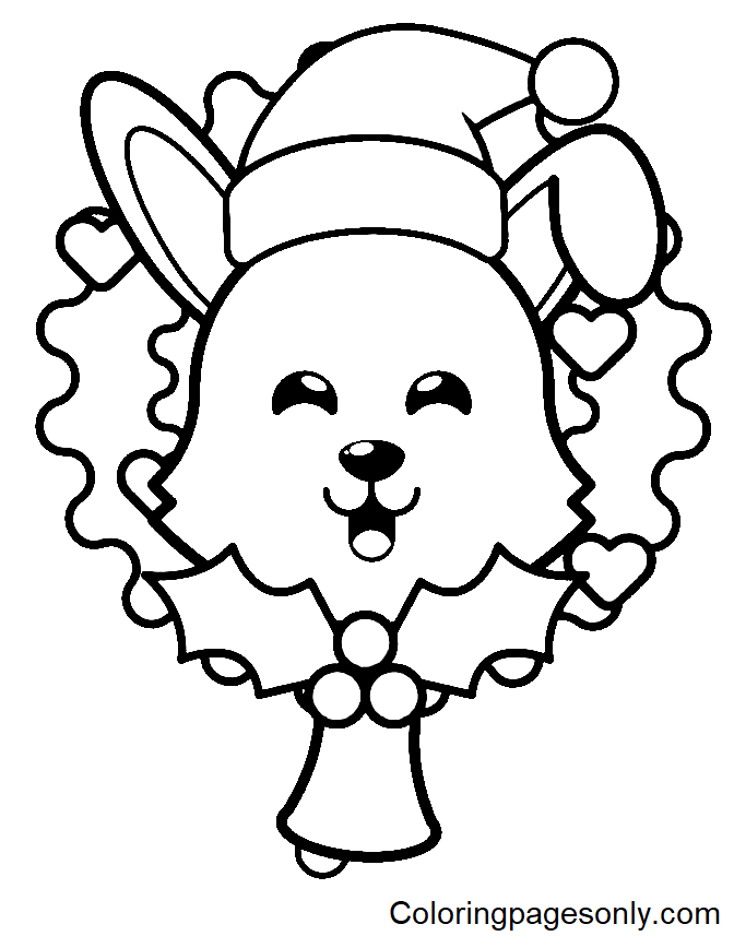 Christmas Wreath with Bunny Coloring Page