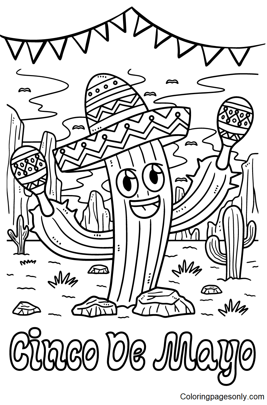 Cinco De Mayo Cactus with Sombrero Coloring Pages