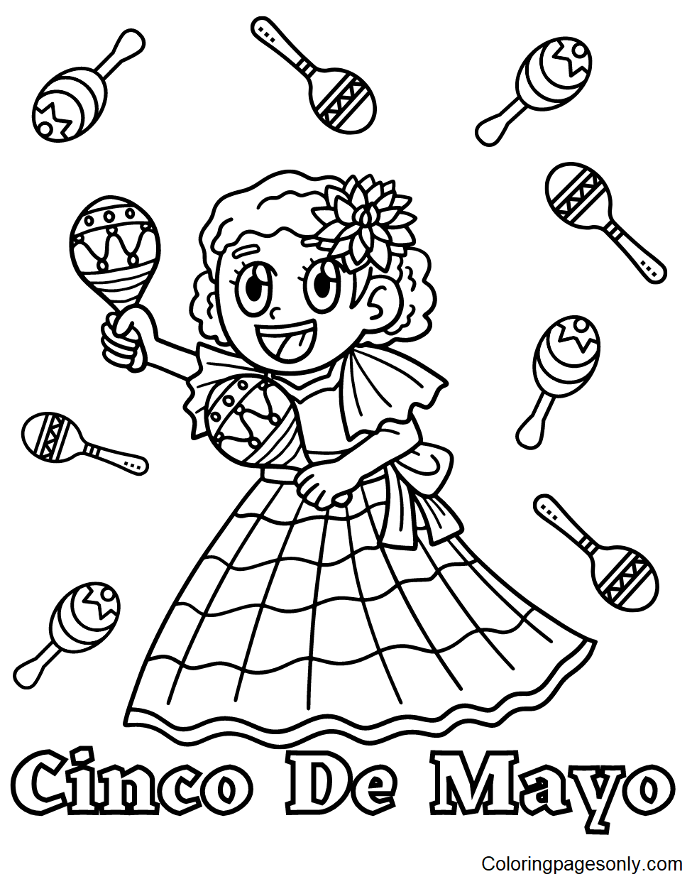 Cinco De Mayo Girl with Maracas Coloring Page