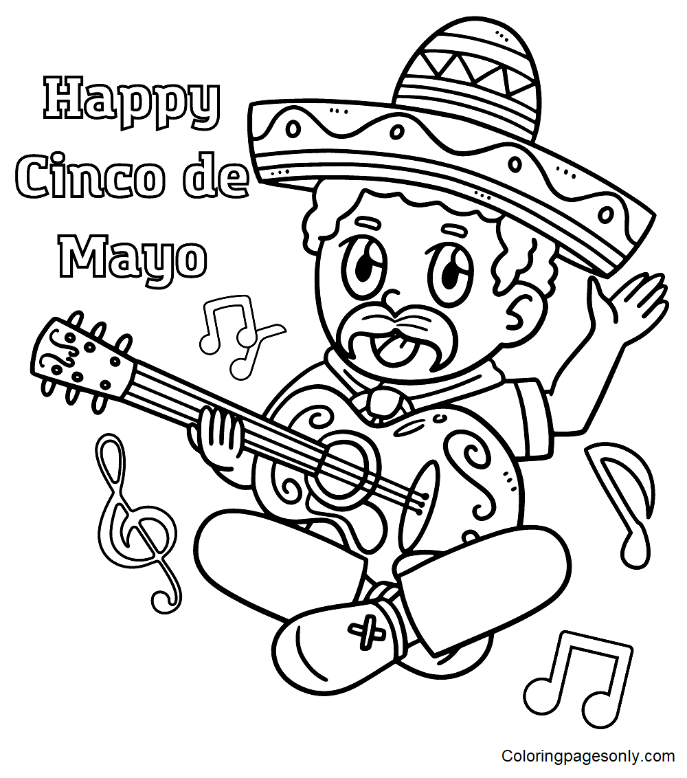 Pagina da colorare di Cinco De Mayo messicano che suona la chitarra