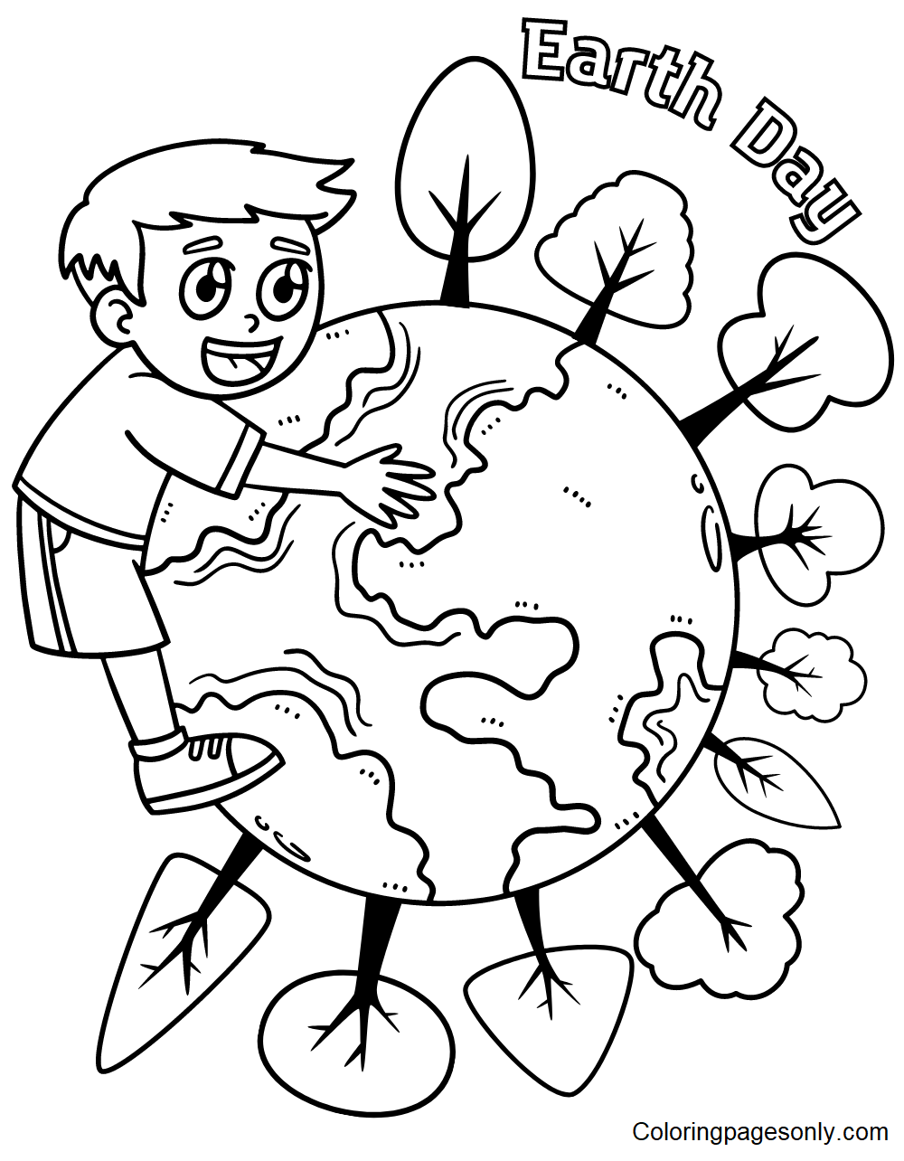 Earth Day Boy Embracing Earth Coloring Pages